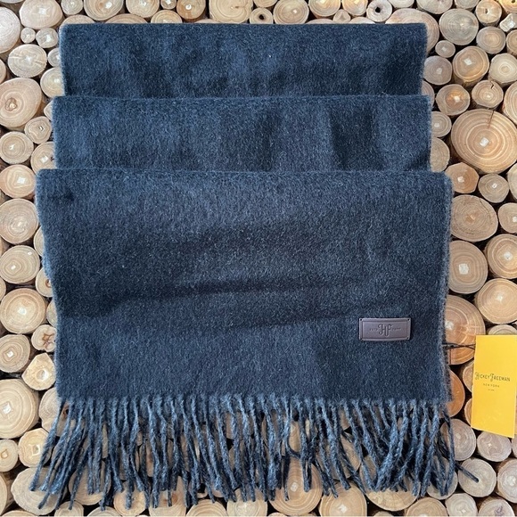Hickey Freeman Solid Double Face Merino Wool Fringe Scarf Black/Gray Reversible - Picture 7 of 12